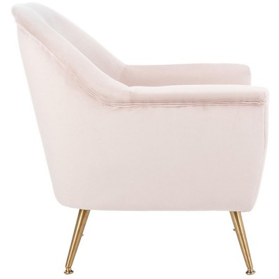 Blush Pink Velvet & Wood Contemporary Arm Chair with Brass Legs