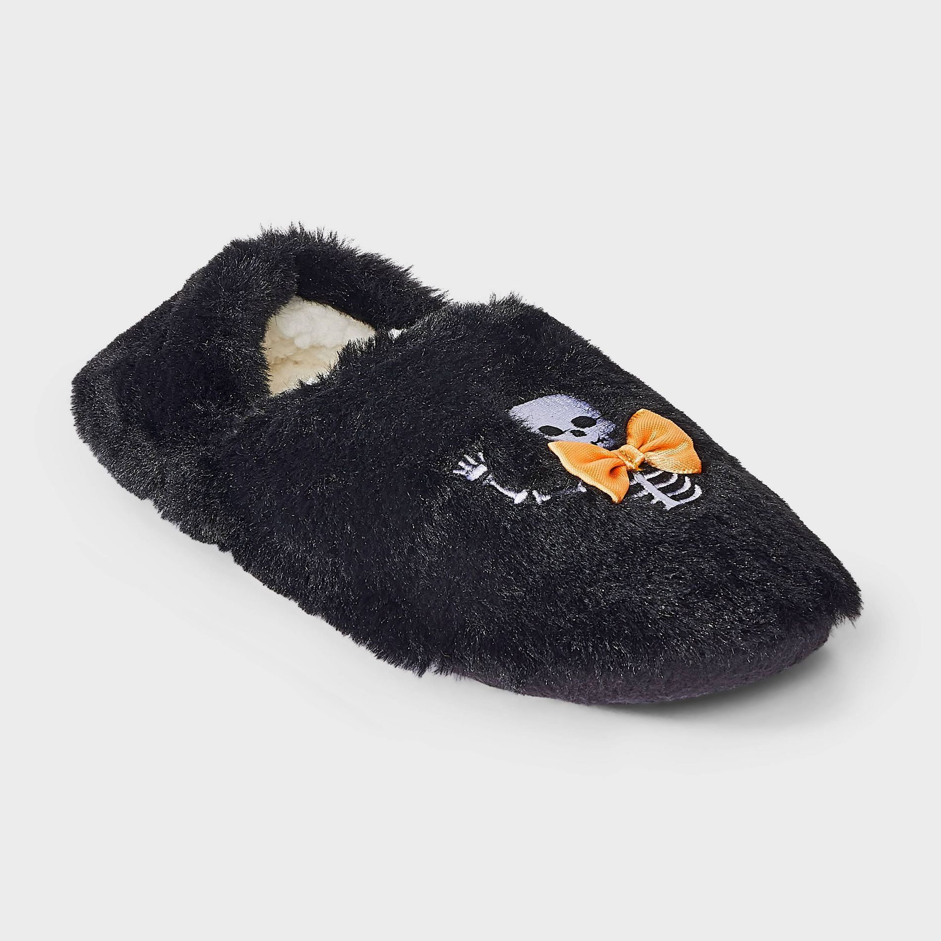 Women's Halloween Embroidered Skeleton Faux Fur Slipper Socks with Grippers - Hyde & EEK! Boutique™