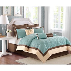Madison Park Camila 9 Piece Quilted Comforter Set - Blue (Queen): Floral Charmeuse, Includes Euro Shams & Decorative Pillows: Polyester - 1 of 3