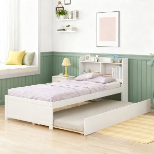 Luxystar Twin Wood Bed with Trundle and Bookcase Headboard for Small Room and Guest Room - 1 of 4