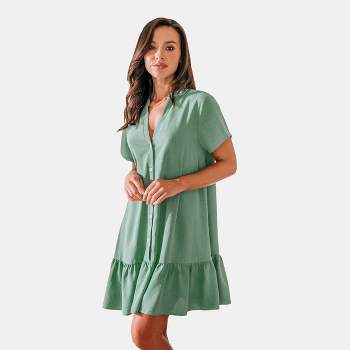 Women's Soft Green Front Button Puff Sleeve Mini Dress - Cupshe