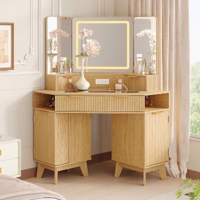 Makeup Vanity with 3 Way Mirror and Light,48" Vanity Desk with 3 Drawers,2 Cabinets & Shelf