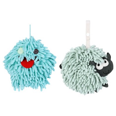 REGALWOVEN 2 Packs Cute Sheep Shape Absorbent Fast Drying Chenille Hand Towels with Hanging Loop 7" x 7"