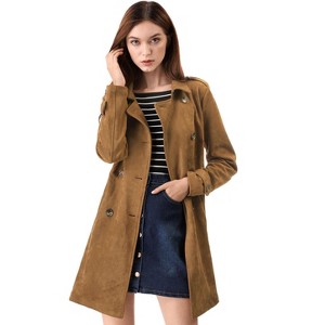 Allegra K Women's Notched Lapel Double Breasted Faux Suede Trench Coat with Belt - 1 of 4