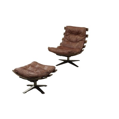 Retro Brown Top Grain Leather Recliner with Ottoman