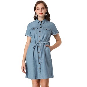 INSPIRE CHIC Women's Jean Chambray Summer Casual Button Down Denim Dresses - 1 of 4