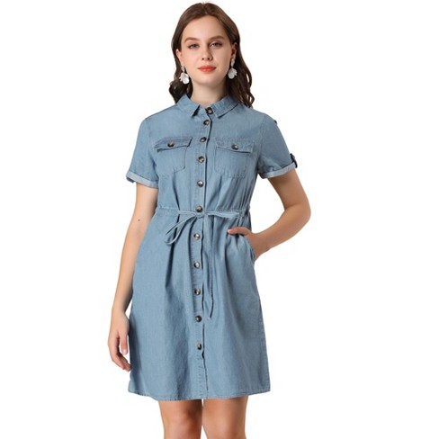 Allegra K Women s Jean Dress Chambray Summer Casual Button Down Denim Dresses Blue Medium