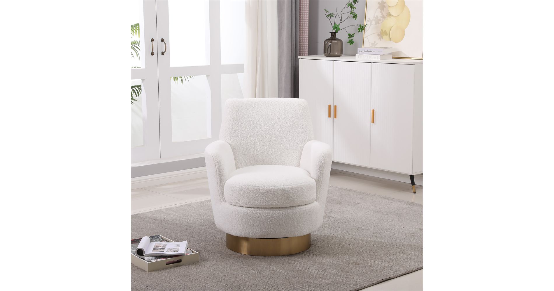 Teddy Swivel Barrel Chair, Swivel Accent Chairs Armchair for Living Room, Round Barrel Chairs with Gold Stainless Steel Base