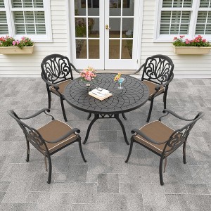5-Piece Cast Aluminum Outdoor Dining Set: Round Table, Stackable Chairs & Brown Cushions - All-Weather Patio Furniture for Your Backyard - 1 of 4