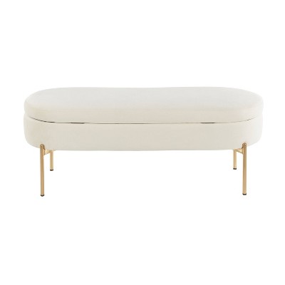 48" Chloe White Velvet Upholstered Storage Bench with Gold Base