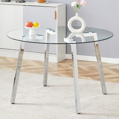 Glass Coffee Table Round Dining Table Modern Cocktail Table Center Table Accent Table with Gold/Silver 7-Shaped Metal Legs-ModernLuxe