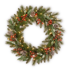 24" Prelit Flocked Christmas Wreath with Cones and Berries White Lights - National Tree Company - 1 of 4