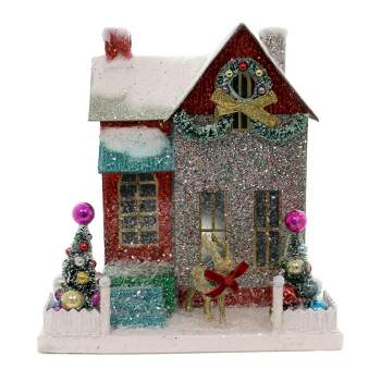 Cody Foster 11.0 Inch Merry & Bright Glitter Cottage Putz House Reindeer Christmas Village Buildings