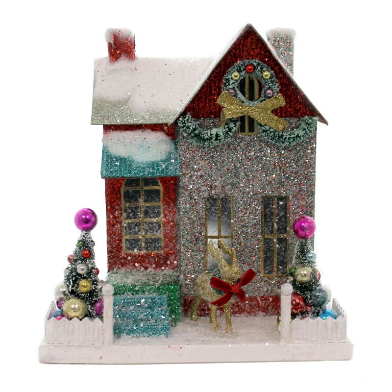 Cody Foster 11.0 Inch Merry & Bright Glitter Cottage Putz House Reindeer Christmas Village Buildings, 1 of 5