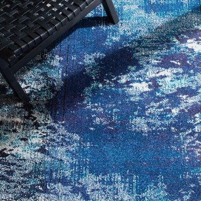 Blue and Grey Square Synthetic Flat Woven Area Rug