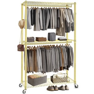 Homdox Heavy Duty Rolling Garment Rack Double Rod with Shelves Portable Clothes Rack Lockable Wheels 450LBS Gold - 1 of 4