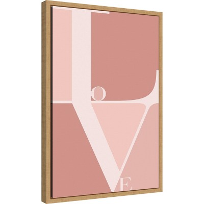 Pink and White Love Typography Canvas Wall Art with Natural Frame