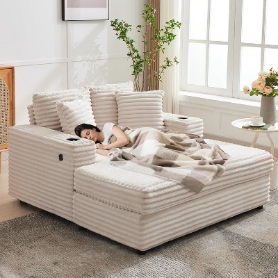 60" Oversized Chaise Lounge Chair, Corduroy Sleeper Sofa with USB Charging & Cup Holder, Armrests & Pillows for Living Room, Bedroom