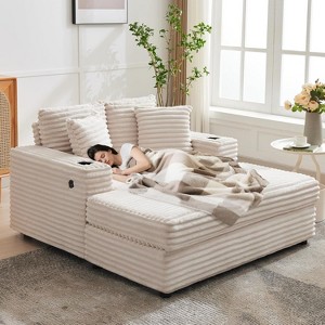 60" Oversized Chaise Lounge Chair, Corduroy Sleeper Sofa with USB Charging & Cup Holder, Armrests & Pillows for Living Room, Bedroom - 1 of 4