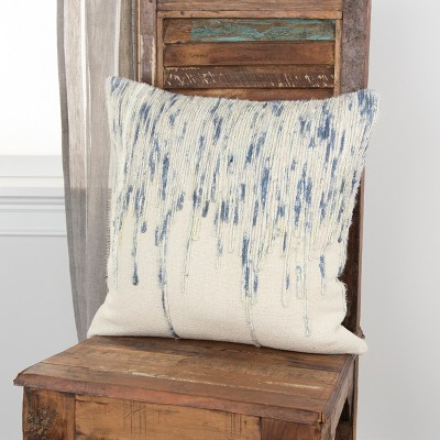 Artisanal Blue and Ivory Square Embroidered Throw Pillow, 17"