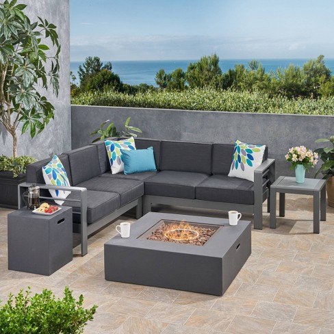 6pc Cape C Aluminum Patio Set, Outdoor Wicker Patio Furniture With Fire Pit
