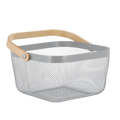 Gray Mesh Rectangular Storage Box with Bamboo Handle