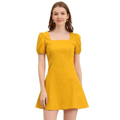 Allegra K Women's Elegant Square Neck Solid Color Puff Sleeve A-Line Short Dress