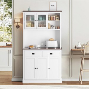 71" Tall Farmhouse Pantry Cabinet with Doors, Shelves & Drawer – Kitchen Hutch with Microwave Stand, Wooden Storage Cupboard, White - 1 of 4