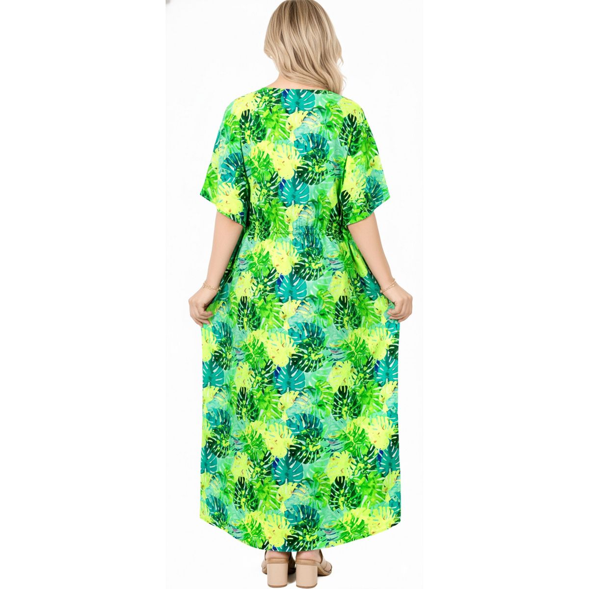 HAPPY BAY Summer Rayon Blend Women Resortwear Maxi Caftan Holiday Vacation Cruise Pregnancy Wear Flowy Lounge Dress 2X-3X Green Leaf - thumbnail 2