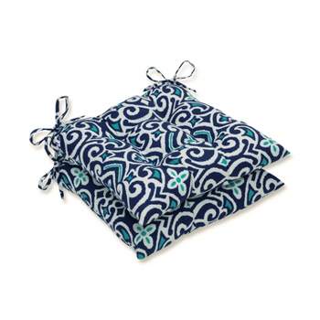 Outdoor/Indoor New Damask Blue Wrought Iron Seat Cushion Set of 2 - Pillow Perfect