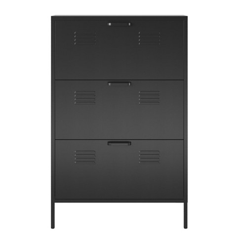 RealRooms Shadwick 3 Door Locker Style Metal Shoe Storage Cabinet Black