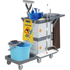 Double Bin Cleaning Trolley, Commercial Wheeled Trash Cart with Lid & Silent Wheels, Dual Compartment Garbage Station - 1 of 4