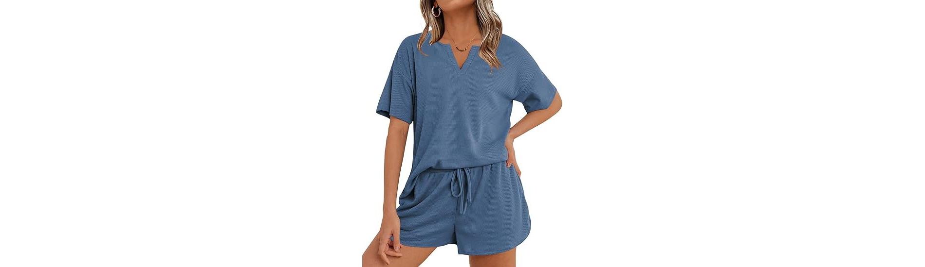 Ekouaer Waffle Knit Lounge Sets for Women 2 Piece Outfits Short Sleeve Top and Shorts Pajama Sets Tracksuit Sweatsuits