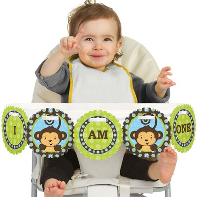 Big Dot of Happiness Blue Monkey Boy 1st Birthday Highchair Decor - I Am One - First Birthday High Chair Banner