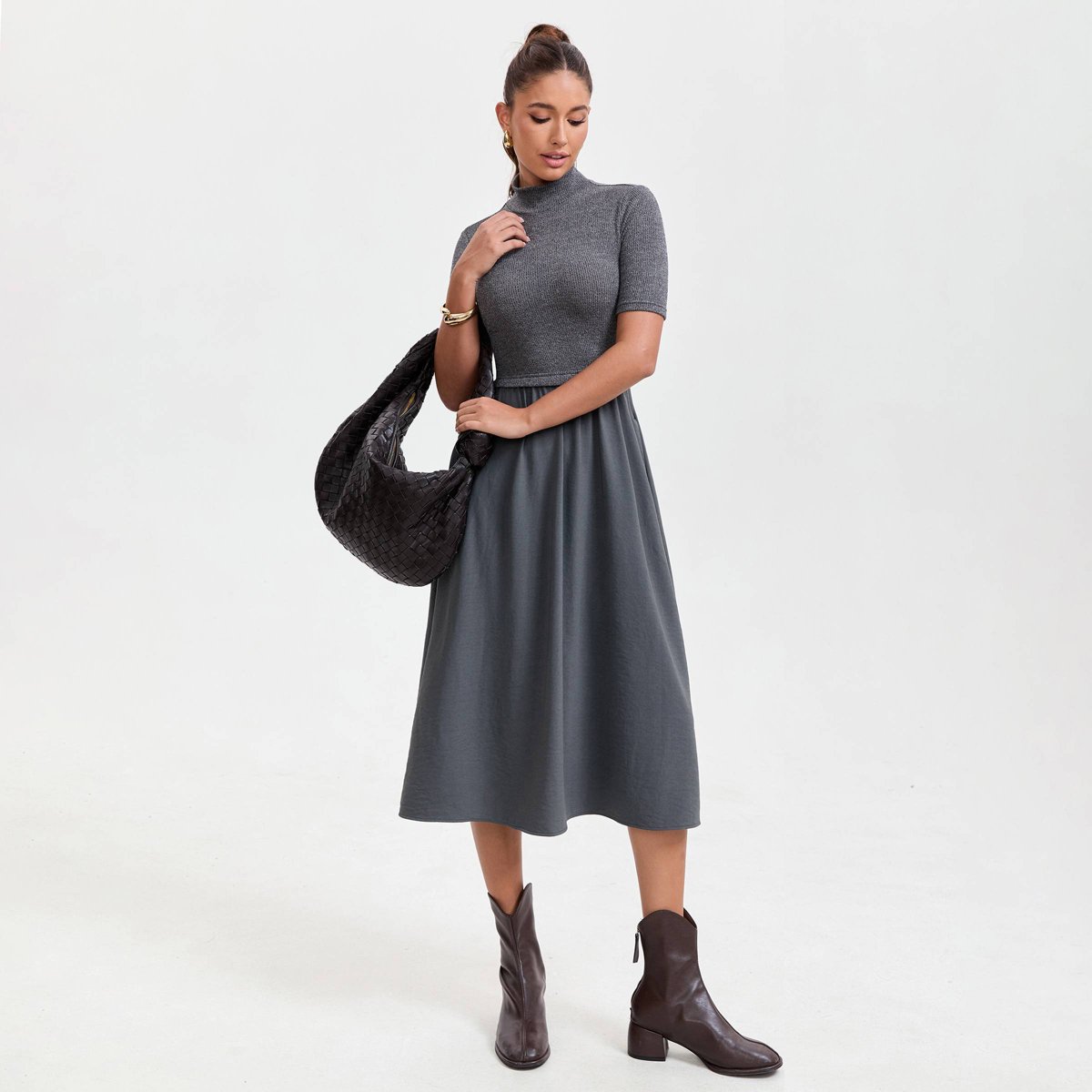 Женские платья A New Day Women's Short Sleeve Twofer Midi Dress - A New Day™ Gray M — фото 3