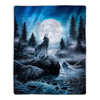 Sherpa Fleece Throw Blanket- Howling Wolf Pattern, Lightweight Hypoallergenic Bed or Couch Soft Plush Blanket for Adults and Kids by Hastings Home