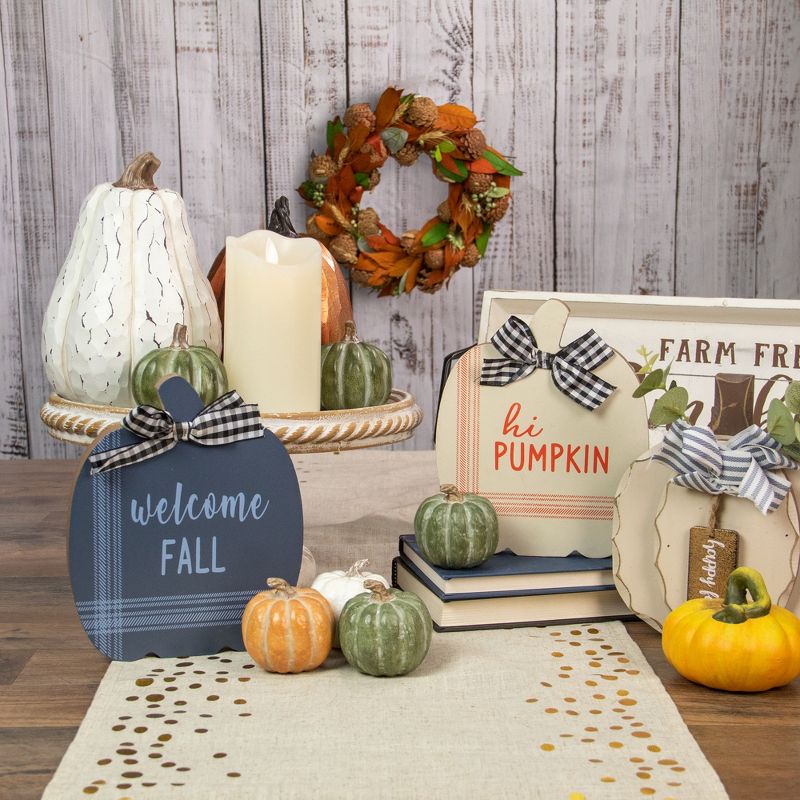 Northlight Set of 2 Blue and Beige Fall Harvest Wooden Pumpkin Welcome Plaques 8", 2 of 7