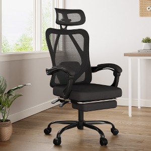 Lirago Mesh Office Chair w/Footrest - High Back, Adjustable Headrest & Lumbar - Black - 1 of 4