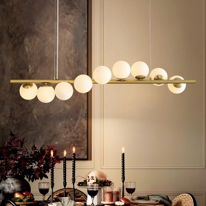 Rennnsan Firose 48" W 9 -light Milk Glass Dimmable Mid-century Linear Kitchen Island Pendant in Gold - 1 of 4
