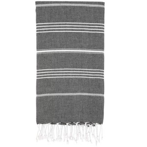HomeRoots 39" X 71" White and Black Cotton Turkish Towel Throw Blanket with Tassels - 1 of 4