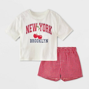 Girls' Oversized New York T-Shirt and Boxer Pajama Set - White - 1 of 4