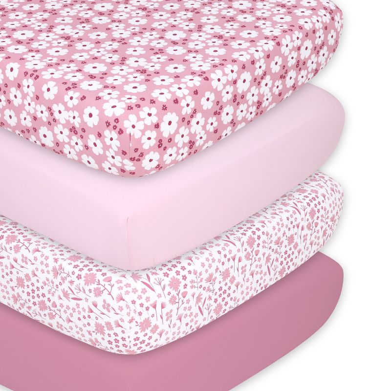 The Peanutshell Fitted Crib Sheet Set for Baby Girls, Daisy, 4 Pack | Pink, Mauve, 1 of 9