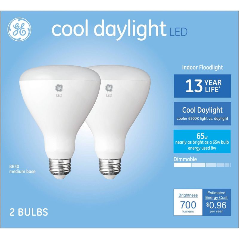 GE 2pk Cool Daylight 65W BR30 LED Light Bulbs, 1 of 5
