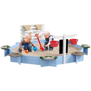 Outsunny Wooden Sandbox, Outdoor Play Set with 6 Seats, Water & Sand Toys, Buckets, Blackboards for 3-7 Years, Outdoor, Backyard, 85" x 85" x 25" - 1 of 4