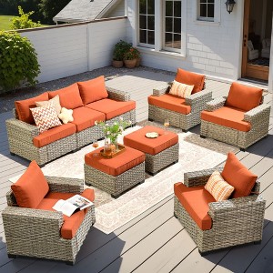 XIZZI All-Weather Rattan Furniture, Sectional Sets w/ Optional Solar Light-Up Coffee Table & Ottoman, Choose 6-9pc Configs in 8 Fade Resistant Colors - 1 of 4