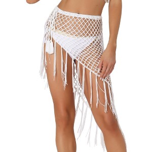 Allegra K Women's Hollow Out Beach Cover Up Fish Net Wrap Mesh Sheer Mini Tassel Skirts - 1 of 4