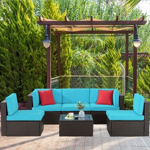 Celebalcony 6 Piece Patio Conversation Set All Weather Wicker Rattan Patio Sofa Outdoor Sectional Seating Group With Cushions  Blue - 1 of 4