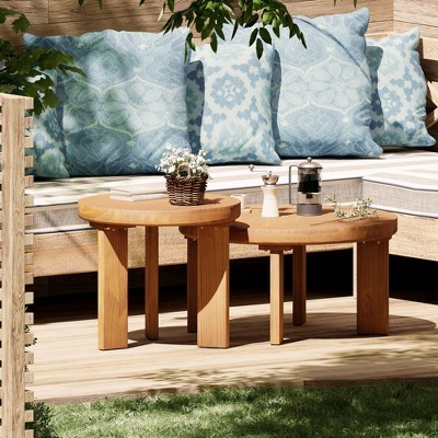 JIONJOY Modern Nesting Coffee Table Set - 2-Piece Round Farmhouse Side Tables in Natural Wood Finish for Living Room & Lounge