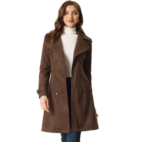 Allegra K Women's Faux Suede Notched Lapel Strap Cuff Solid Double Breasted Tie Belt Trench Coat Coffee Medium