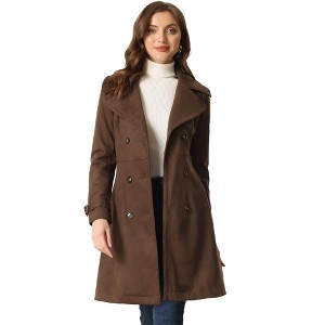 Allegra K Women's Faux Suede Notched Lapel Strap Cuff Solid Double Breasted Tie Belt Trench Coat - 1 of 4